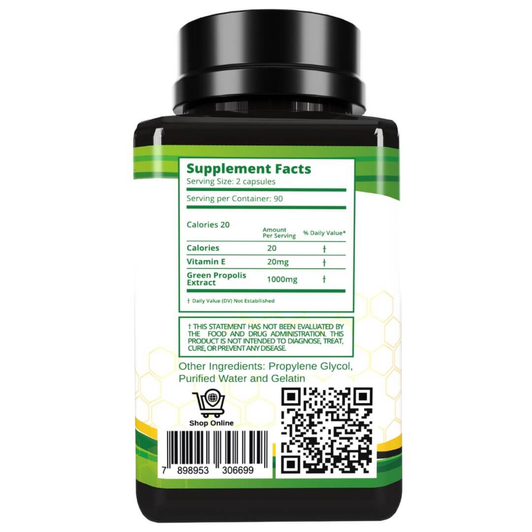 Bee Propolis Softgel Longevity 180 Capsules - Boost Your Bee Therapy 3 Months Suply - Concentrate Minimum 25% Dry Extract - 1000mg Per 2 Capsules.