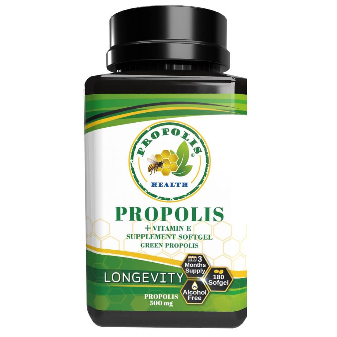 Bee Propolis Softgel Longevity 180 Capsules - Boost Your Bee Therapy 3 Months Suply - Concentrate Minimum 25% Dry Extract - 1000mg Per 2 Capsules.