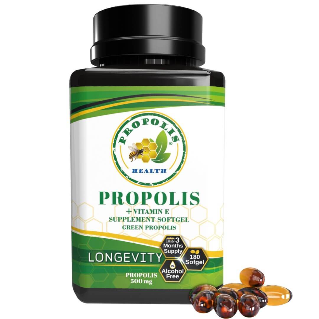 Bee Propolis Softgel Longevity 180 Capsules - Boost Your Bee Therapy 3 Months Suply - Concentrate Minimum 25% Dry Extract - 1000mg Per 2 Capsules.