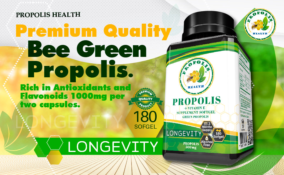 Bee Propolis Softgel Longevity 180 Capsules | Boost Your Bee Therapy 3 Months Suply | Concentrate Minimum 25% Dry Extract - 1000mg Per 2 Capsules.