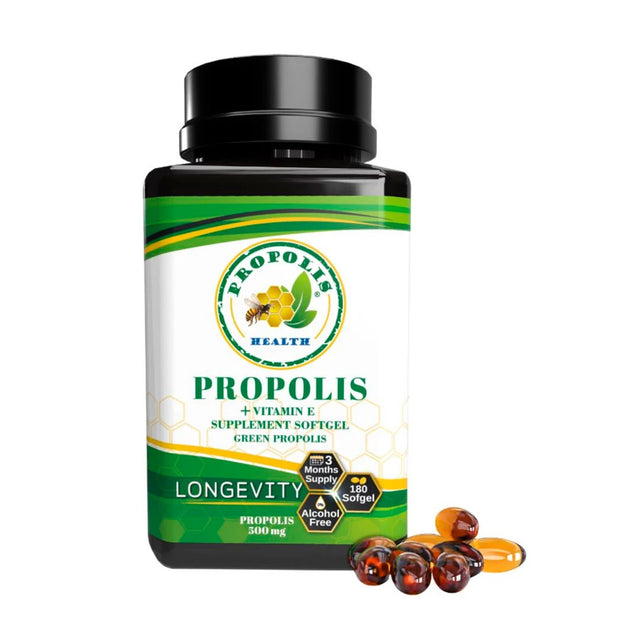 Vitamins & Supplements - 180 Capsules - Propolis Health Store Bee Propolis Softgel Longevity 180 Capsules - Boost Your Bee Therapy 3 Months Suply - Concentrate Minimum 25% Dry Extract - 1000mg Per 2 Capsules.