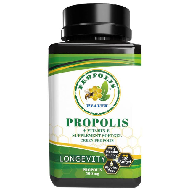Bee Propolis Softgel Longevity 180 Capsules - Boost Your Bee Therapy 3 Months Suply - Concentrate Minimum 25% Dry Extract - 1000mg Per 2 Capsules.