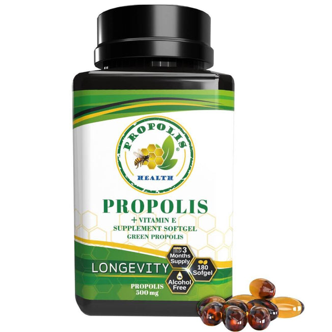 Bee Propolis Softgel Longevity 180 Capsules - Boost Your Bee Therapy 3 Months Suply - Concentrate Minimum 25% Dry Extract - 1000mg Per 2 Capsules.