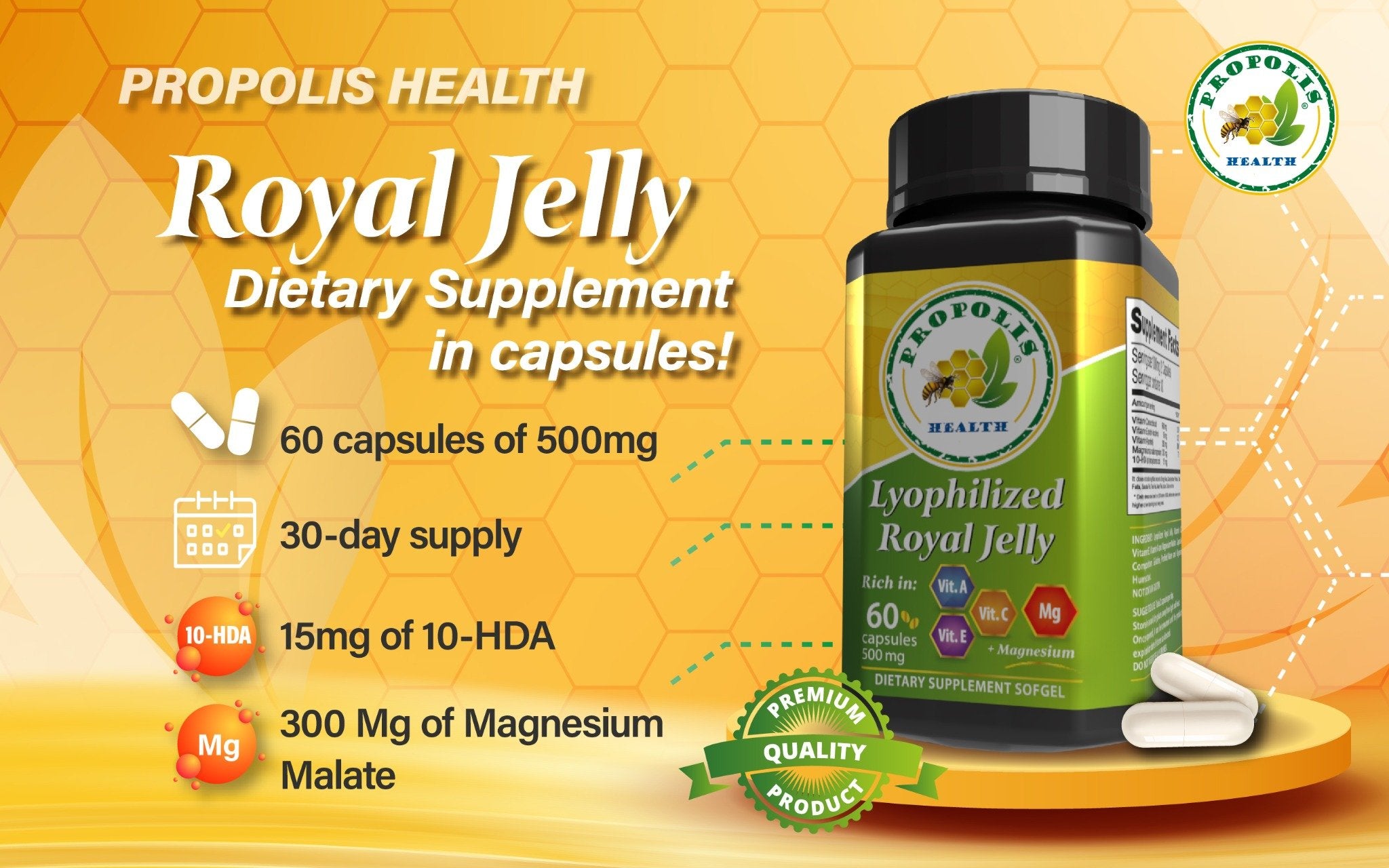 Royal Jelly Supplement - High Potency 15mg 10-HDA, 300mg Magnesium - Enhance Brain Health & Energy