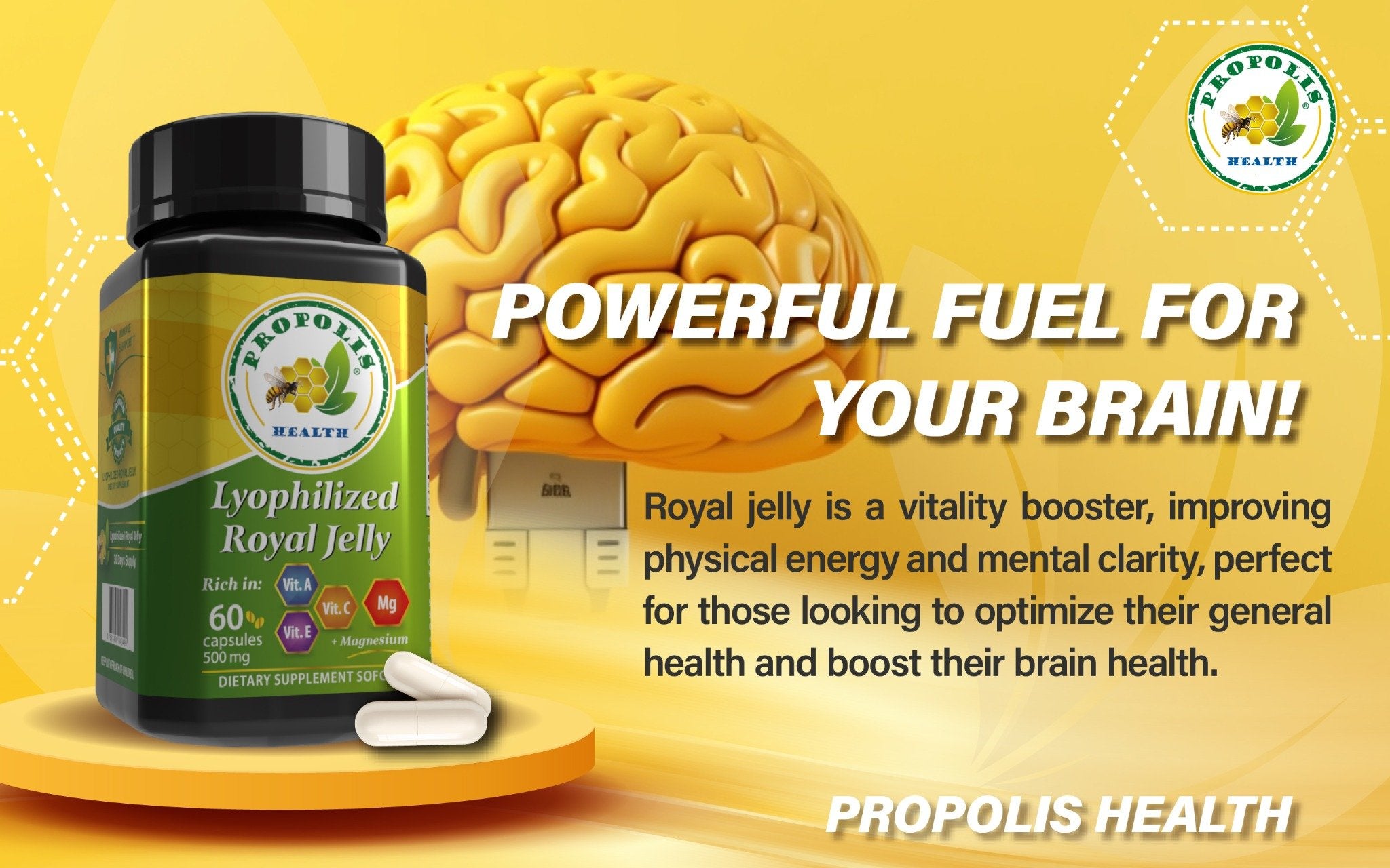 Royal Jelly Supplement - High Potency 15mg 10-HDA, 300mg Magnesium - Enhance Brain Health & Energy