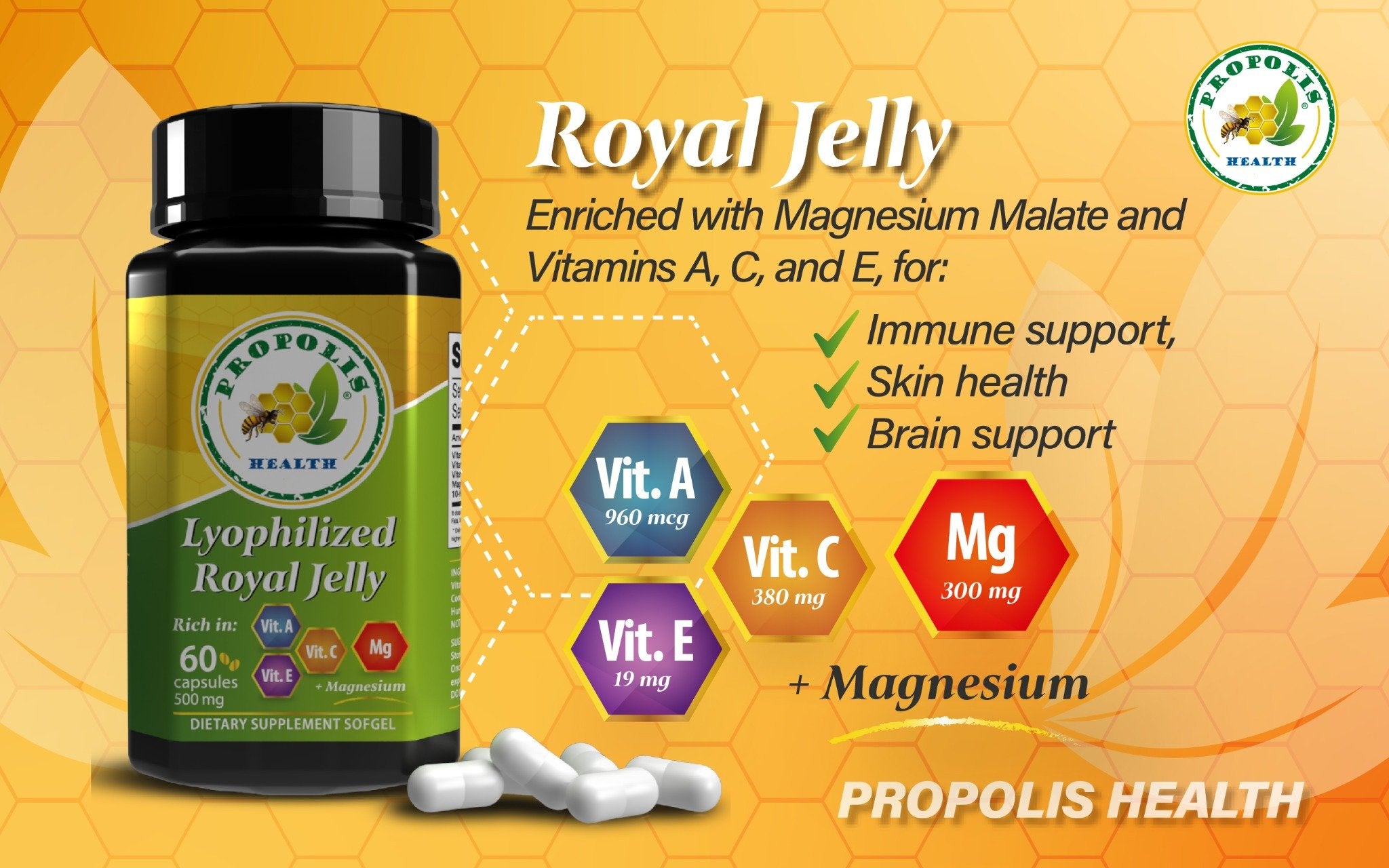 Royal Jelly Supplement - High Potency 15mg 10-HDA, 300mg Magnesium - Enhance Brain Health & Energy