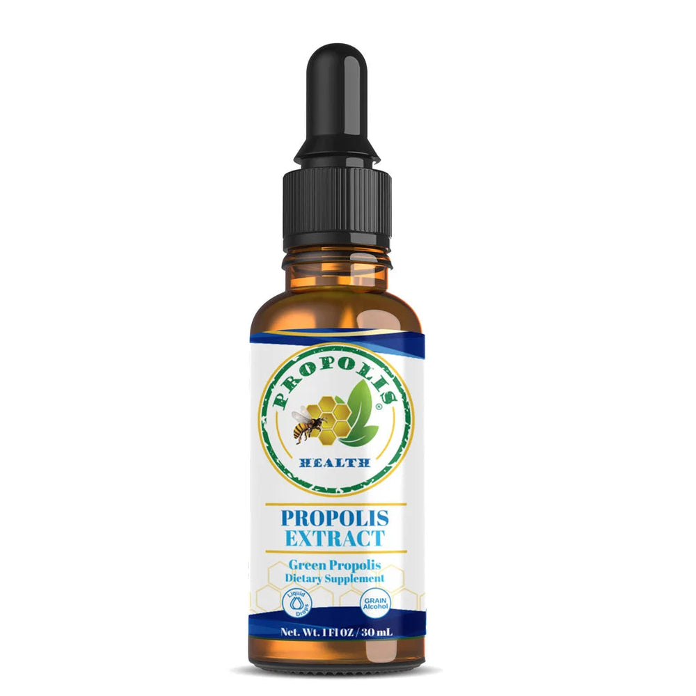 Green propolis tincture dropper bottle front label – 30 days supply of propolis drops, grain alcohol base