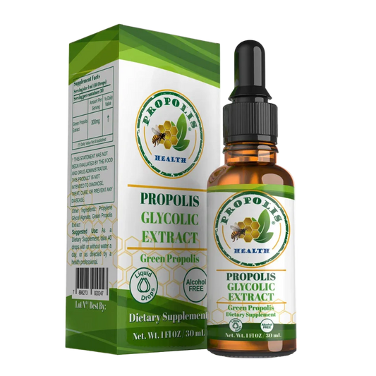 Propolis Health green propolis glycolic extract 1 fl oz (30ml) dropper bottle and box – alcohol-free propolis liquid extract