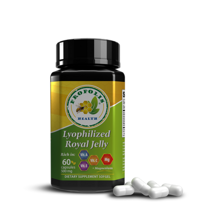 Propolis Health lyophilized royal jelly capsules with magnesium – 60 capsules bottle with white capsules