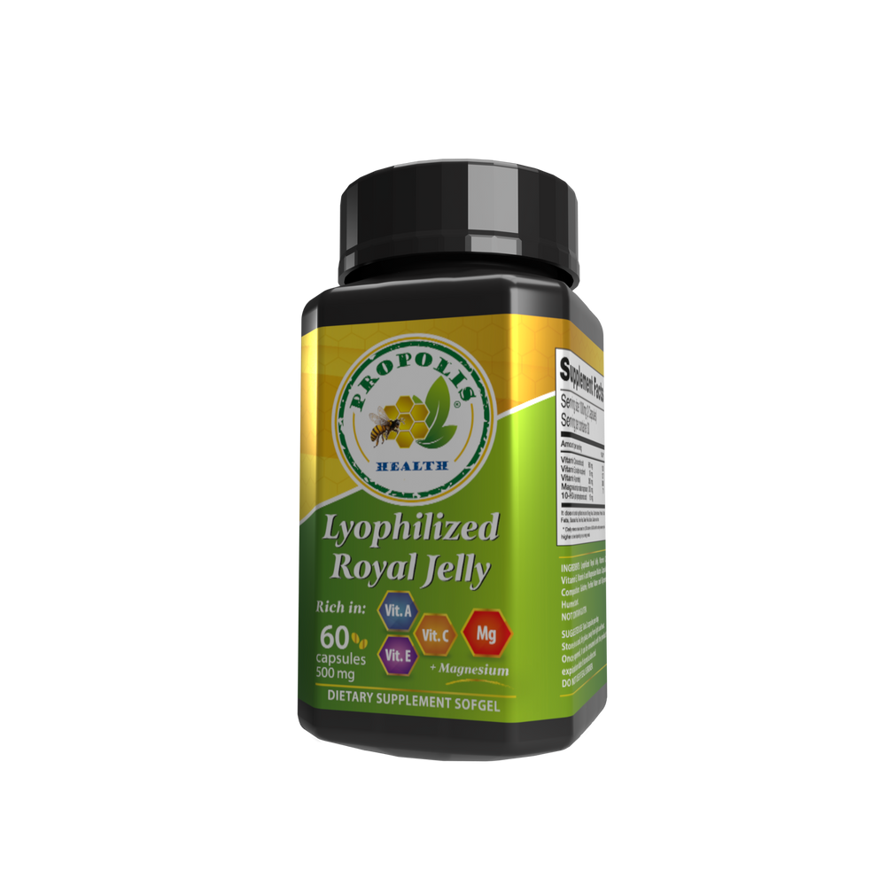 Pure royal jelly capsules 60 count bottle – Propolis Health lyophilized royal jelly with magnesium